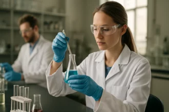 Laboratóriumban dolgozó tudós a 1,4-diazin vizsgálatánál.