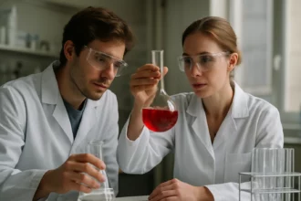 Két kémikus laboratóriumi kísérlet közben, vörös folyadékkal