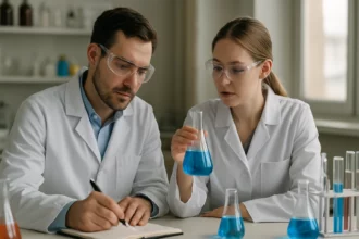 Kémikusok laboratóriumban diazotálás folyamatát tanulmányozzák.