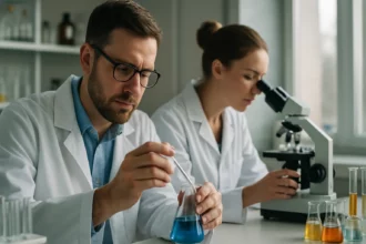 Két tudós laboratóriumban kémiai kísérleteket végez.