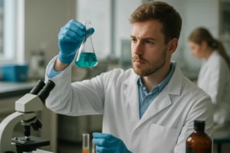 Laboratóriumi szakember kémiai kísérletet végez benne.