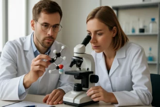 Két kutató a dibenzo-piridin vegyület szerkezetét elemzi mikroszkóp mellett.