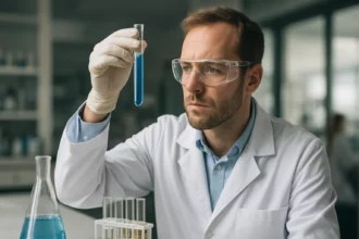 Kémikus kísérletezést végez laboratóriumban