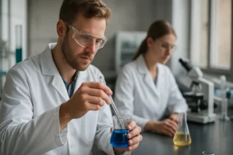 Két kutató laboratóriumi környezetben, diblokk kopolimer kémiai vizsgálatát végzik.