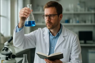 Kémikus laboratóriumban kék folyadékkal teli mérőedényt tart a kezében.