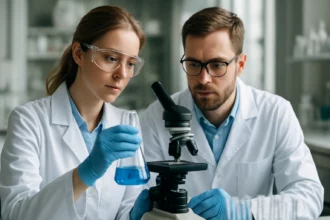 Két tudós laboratóriumban, mikroszkóppal és kémcsövekkel dolgozik.