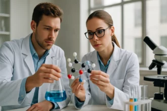 Két kutató a 12-didehidrobenzol szerkezetét elemzi.