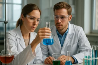 Két tudós laboratóriumban diének kémiai jellemzőit vizsgálják.