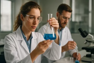 Kémikusok laboratóriumi munkát végeznek, a Diels-Alder reakciókkal kapcsolatosan.