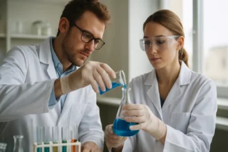 Két tudós kémiai kísérletet végez laboratóriumban.