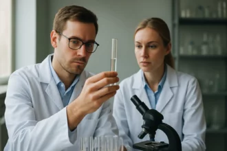 Két kutató laboratóriumban analízisen dolgozik difenil-aminnal.