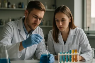 Két kémikus laboratóriumban dehidroarének tulajdonságait vizsgálja.