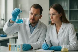 Két tudós laboratóriumban, kék folyadékot vizsgálnak kémcsőben.