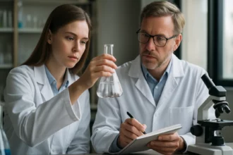 Két kutató, akik difenil vegyületeken dolgoznak a laboratóriumban.