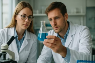 Kutatók differenciál szkenning kalorimetria mintát vizsgálnak laboratóriumban.