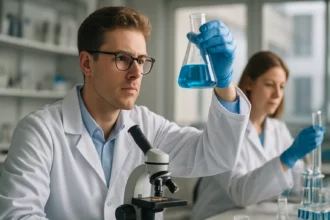 Kémikusok laboratóriumban, difoszfan vizsgálata kémcsövekben.