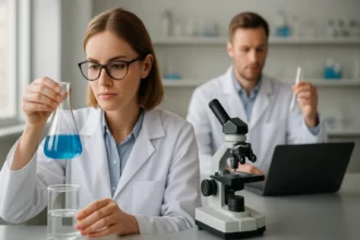 Kémiai kísérlet folyamatban laboratóriumi környezetben, női kutatóval.