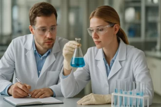 Két kutató laboratóriumban dolgozik, kémcsövekkel és kémiai elemzésekkel foglalkozik.