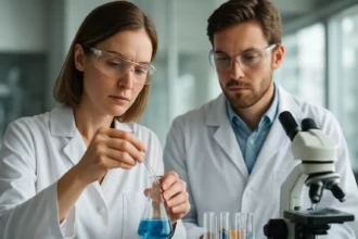 Két kutató laboratóriumi kísérlet során, kémcsövek és mikroszkóp mellett.