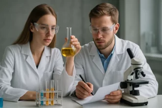 Tudósok a dihidrogén-szelenid kutatásán laboratóriumban