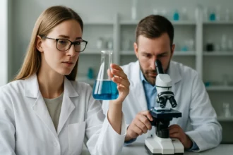 Két kémikus laboratóriumban dolgozik, miközben a 12-dihidroxietil-3,4-dihidroxifurán tulajdonságaival foglalkoznak.