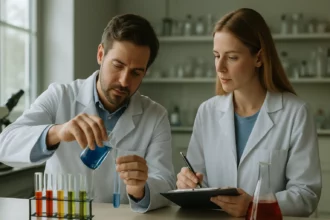 Két kutató a laborban katechin vizsgálat közben.