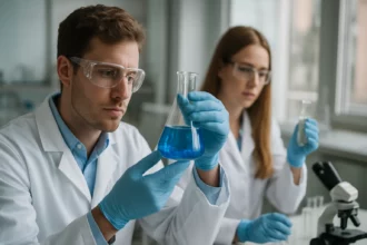 Kémiai laboratóriumi munkát végző tudósok két vegyületet vizsgálnak.