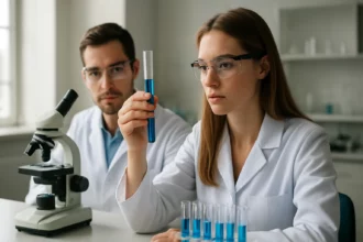 Két tudós laboratóriumban, kék oldatú tesztcsövet vizsgálnak.