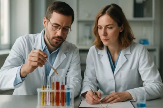 Kutatók laboratóriumban, dikarbidokkal kapcsolatos kísérletet végezve.