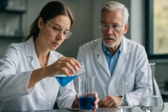 Bór kémiai kísérlet fiatal nő és idős férfi vezetésével laboratóriumban.