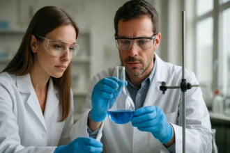 Két tudós a laborban a diken-dibromid kémiai reakcióit vizsgálja.