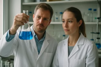 Két tudós kémiai reakciót figyel a laboratóriumban.