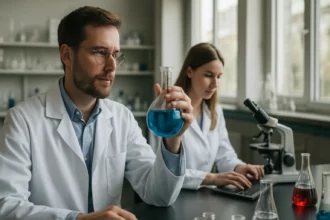 Kémikusok laboratóriumban diketonokkal végzett kísérletek közben