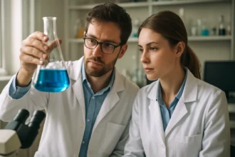 Két tudós kémiai kísérletet végez egy laborban