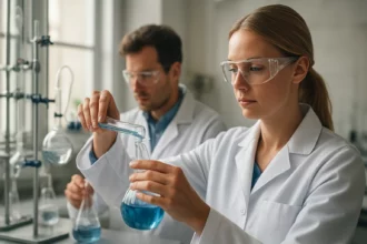 Két tudós laboratóriumban diklóracetátokkal végzett kémiai kísérletek során