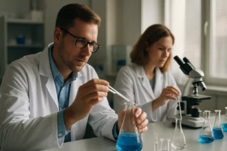 Kémikusok laboratóriumi kísérletezés közben, diklórbenzol izomerek tanulmányozása.