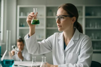 Kémikus nő laboratóriumban, zöld folyadékkal teli lombikot tart a kezében.