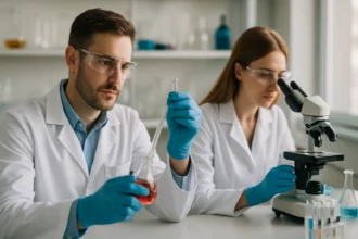 Két kutató laboratóriumi kísérletek során, szukralóz vizsgálata.