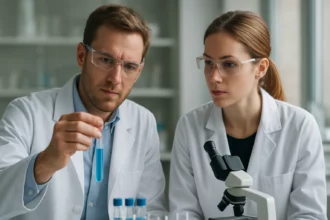 Két tudós laboratóriumban elemzik a kémiai mintát mikroszkóp mellett.