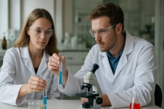 Kutatók laboratóriumban diklór-ecetsavval végzett kísérlet közben.