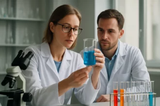 Kutatók elemzik a kék folyadékot laboratóriumi környezetben.