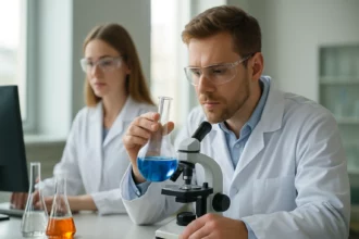 Két tudós laboratóriumban, miközben a bordói lé készítésével foglalkoznak.