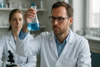 Pszilocibin kutatása laboratóriumban, kék folyadékkal teli lombik.