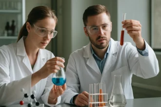 Két tudós laboratóriumban, dimetil-anilin kísérletezés közben