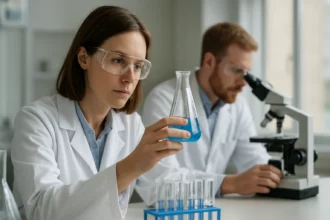 Kémiai laboratórium kutatói vizsgálják a dimetil-dikarbonátot.