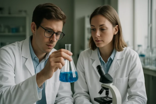 Két kutató laboratóriumi környezetben dimetil-éterrel kapcsolatos kísérletet végez.