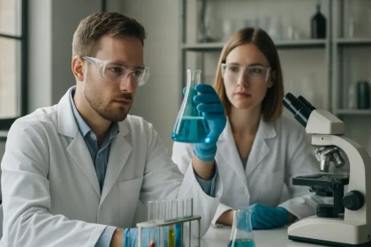 Két kutató laboratóriumban bór-halogenidekkel foglalkozik.