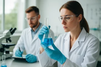 Laboratóriumi kutatók dimetilformamid vizsgálata során