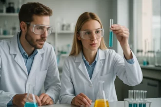 Kémikusok dimetil-glioxim alkalmazásán dolgoznak laboratóriumban.