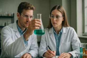 Laboratóriumi kutatók N,N-dimetilmetánamiddal foglalkoznak.